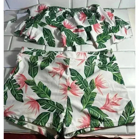 Floral Tropical Leaves Flowers Women’s Swimsuit With Two Tops L,1 Bottom Xl 3pcs - Picture 3 of 16